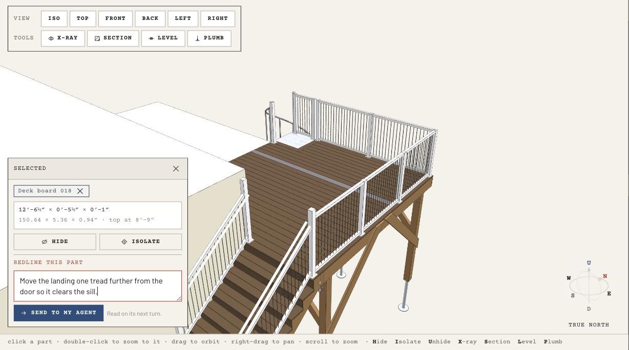 The studio: a deck and its house in 3D, one part selected, a redline being written on it